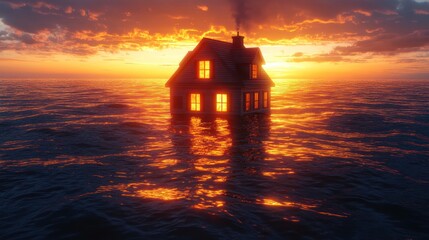 House in the sea sunset glow cozy refuge isolation surreal beauty calm waves golden light
