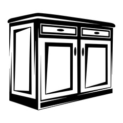 Black and white drawing of a simple twodoor cabinet furniture piece