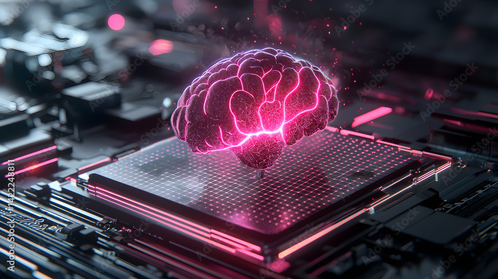 Poster a futuristic image of a brain glowing on a circuit board symbolizing artificial intelligence technol