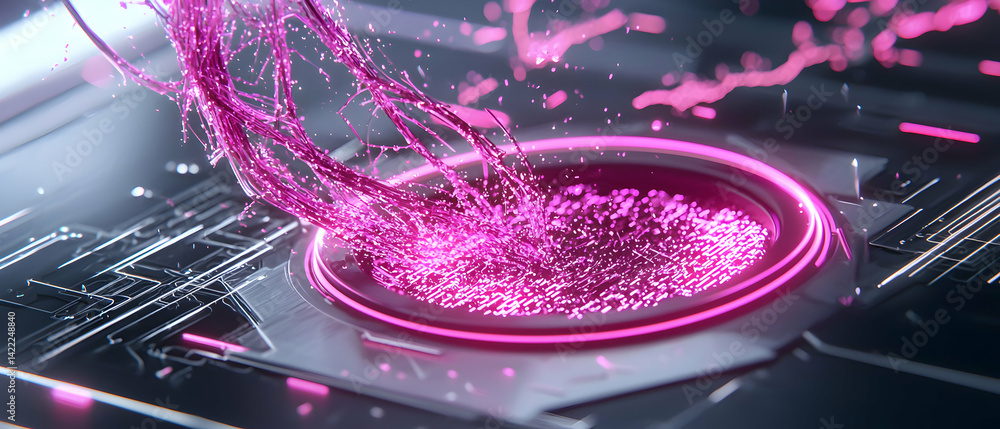 Poster abstract digital art features pink energy surging from a central hub. ideal for tech presentations o