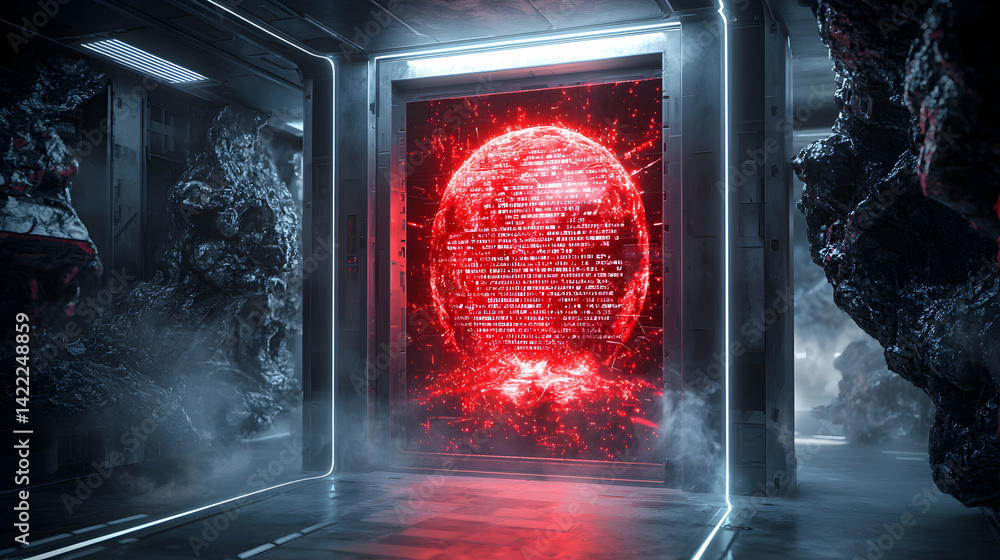 Aufkleber a sci-fi scene features a glowing portal in a metallic room. the portal displays data in a red spher
