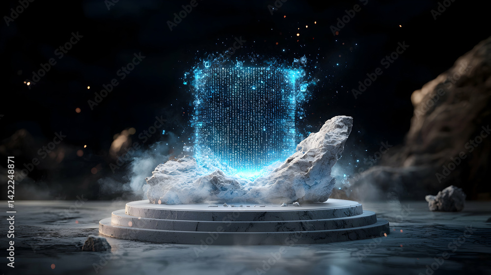 Aufkleber a digital data portal emerges from a stone structure on a stage. the image suggests technological ad