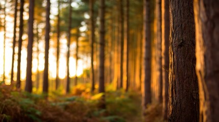 Serene forest pathway illuminated by golden sunlight filtering through tall trees
