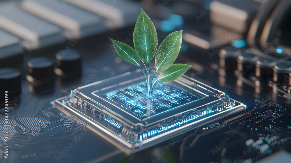 Poster an image depicting sustainable technology with leaves growing from a cpu. suggesting eco-friendly co