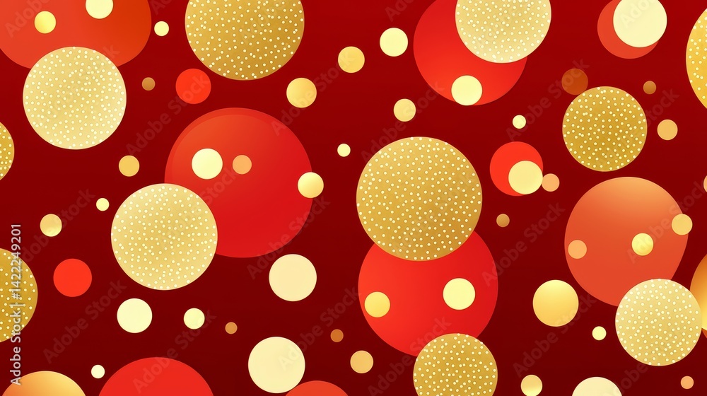 Fototapete Red background with gold circles on it. The circles are of different sizes and are scattered all over the background