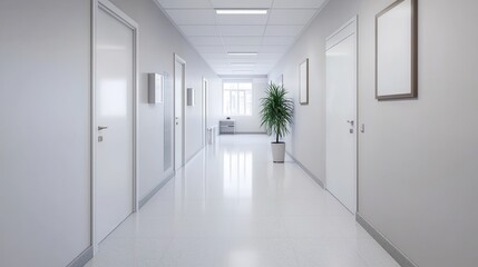 A modern, well-lit hallway featuring white walls, doors, and a decorative plant, creating a clean and inviting atmosphere.