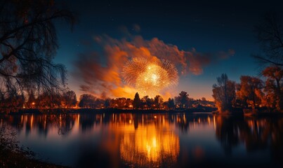 Stunning fireworks display over tranquil lake at night with vibrant reflections