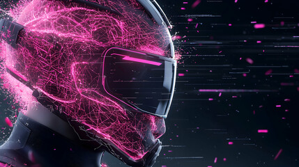 A futuristic helmet with pink energy patterns. Possibly related to data processing or virtual reality. Ideal for sci-fi or tech-themed projects. Apply it for gaming or interface design.