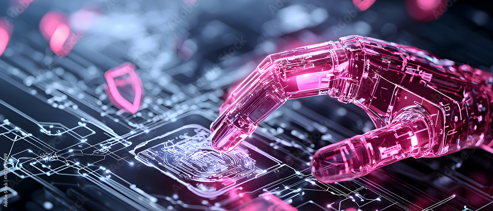 Aufkleber an ai robot hand interacts with a digital interface. suggesting cyber security or futuristic technol