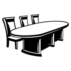 Stylized vector graphic depicts an oval table with three chairs around it
