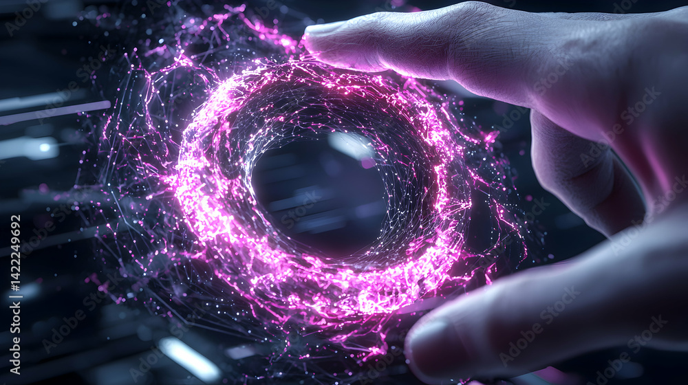 Aufkleber hand interacting with an abstract glowing portal. suggestive of advanced technology quantum physics 