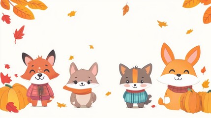 Obraz premium Cute autumnal foxes and dogs with fall leaves