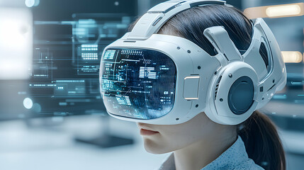 A person wearing a VR headset immersed in a digital environment. Ideal for gaming training or immersive experiences. Explore virtual worlds.