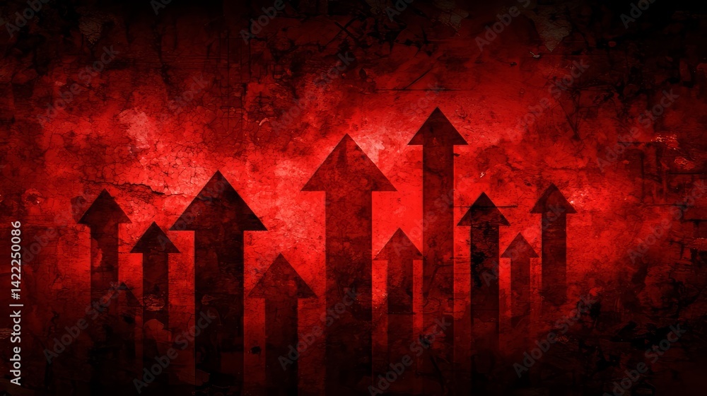 Aufkleber Red background with many arrows pointing upwards. The arrows are all different sizes and are scattered throughout the image. Scene is one of growth and progress