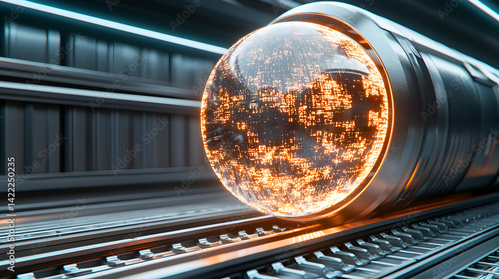 Poster futuristic transport system with a glowing sphere and metallic rails. use it for concept art or visu
