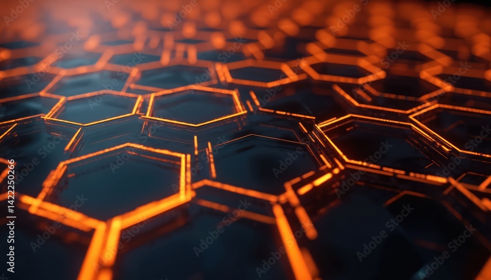 Poster illustration of glowing honeycomb structure. high tech background with hexagon cells. neon orange li