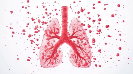 A detailed illustration of human lungs, highlighted in red, surrounded by particles, representing respiratory health and related concepts.