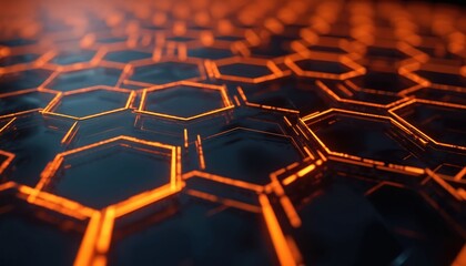 Obraz premium Illustration of glowing honeycomb structure. High tech background with hexagon cells. Neon orange light emphasizes tech innovation future. Digital network, connection, data, ai, blockchain concepts.