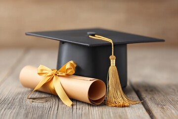 Graduation Diploma Scroll With Black Cap and Golden Ribbon on Rustic Wooden Table Celebrating Academic Achievement