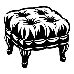 Black and white illustration of a luxurious tufted ottoman with elegant legs