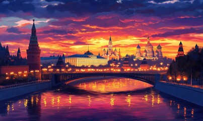 Fototapeta premium Stunning sunset over Moscow showcasing Kremlin and St. Basil's Cathedral