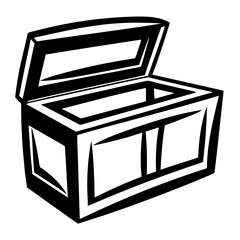 Stylized Black and White Open Wooden Chest or Trunk Illustration