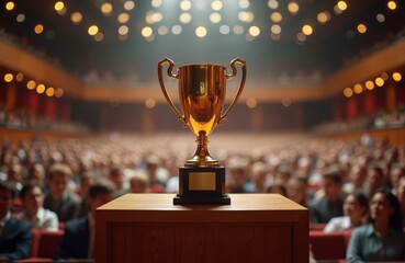 Golden trophy stands on wooden lectern against blurred audience in auditorium. Award ceremony, celebration of success, achievement recognition. Champion award prize. Winner winning. Gala event,