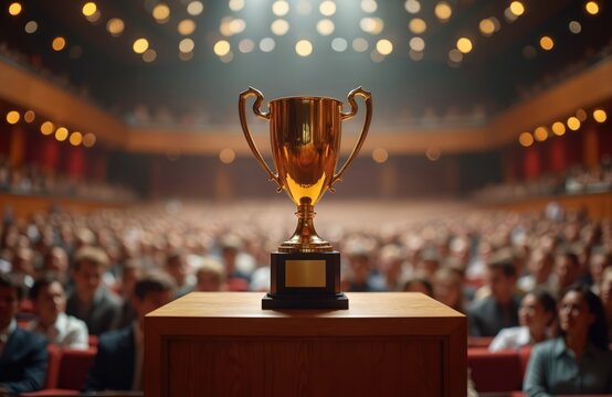 Golden trophy stands on wooden lectern against blurred audience in auditorium. Award ceremony, celebration of success, achievement recognition. Champion award prize. Winner winning. Gala event,