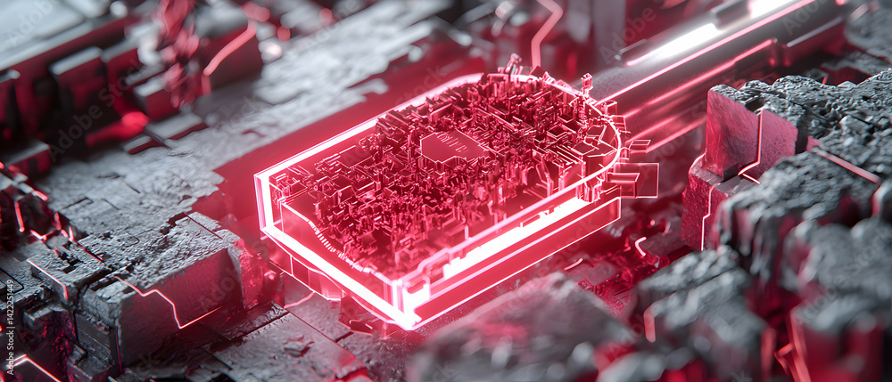 Poster an abstract futuristic render of a circuit board. this image could be used in tech articles or websi