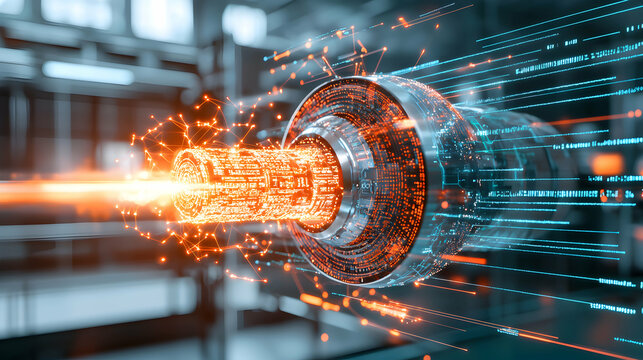 Futuristic technology visualization shows data transmission through a high-tech device. This image represents digital communication and advanced concepts. It can be used for tech presentations.