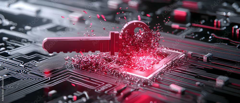 Poster a vivid image portrays a key shattering a circuit board. symbolic of data breach security vulnerabil