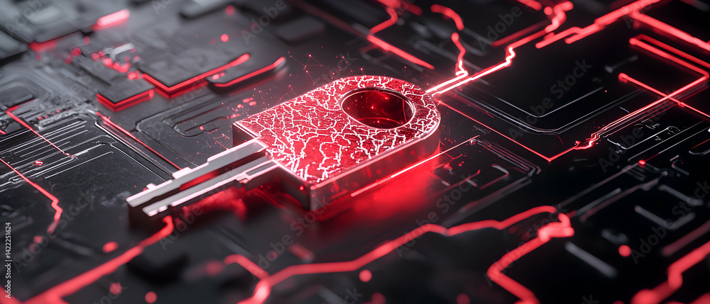 Poster a futuristic key glowing red on a circuit board. it could represent data protection or secure access
