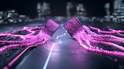 Futuristic digital image of two connecting processors. The image suggests technology networks and advanced data flow representing information transfer. A great visual for tech or science presentations
