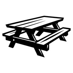 Stylized Black and White Picnic Table Illustration with a Retro Aesthetic