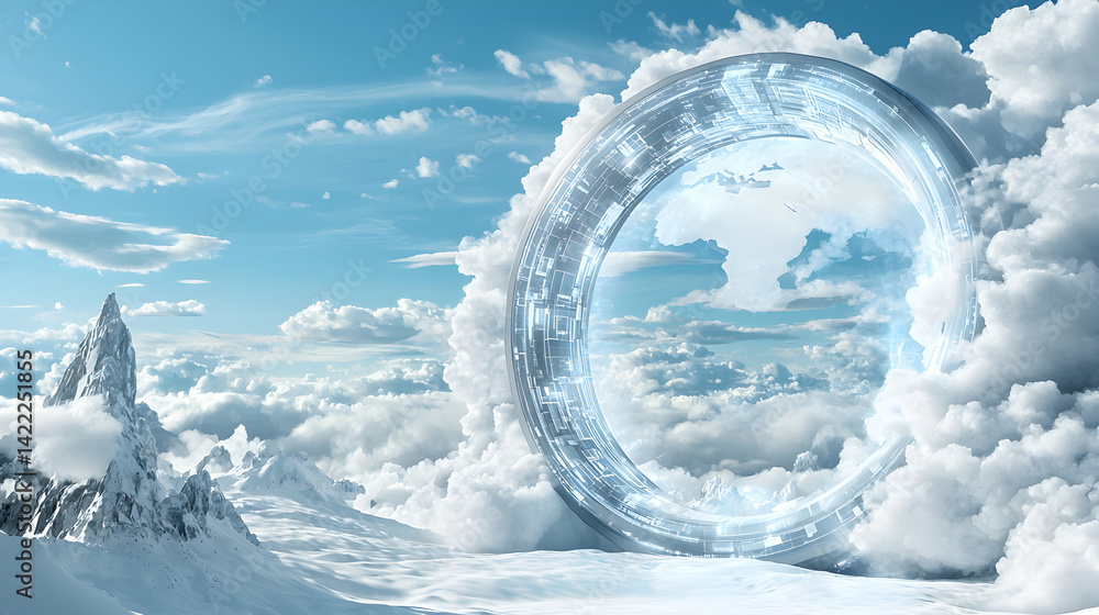 Aufkleber a surreal landscape features a floating ring portal. mountains and clouds create an ethereal scene. 