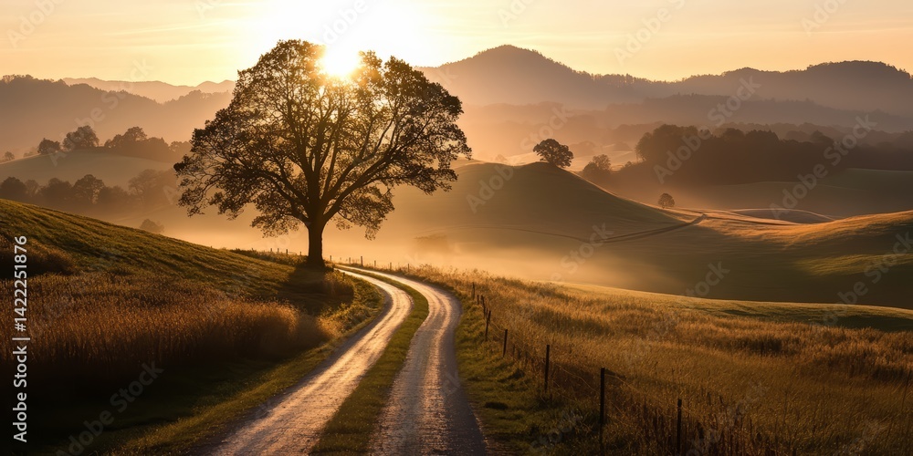 Aufkleber road with a tree in the middle of it. the road is surrounded by a field of grass