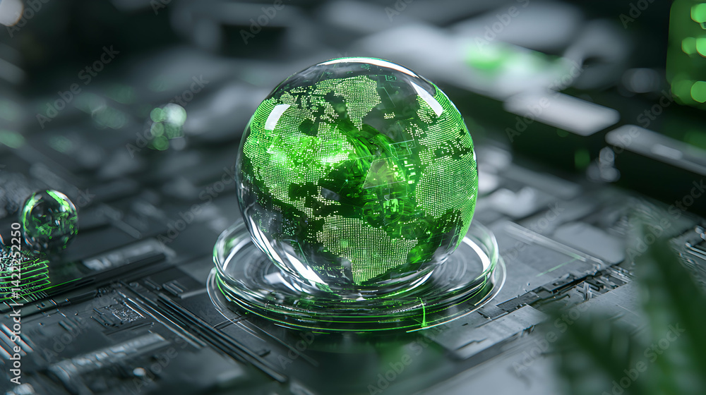 Poster a futuristic digital globe sits on a circuit board suggesting global technology and data networks. i