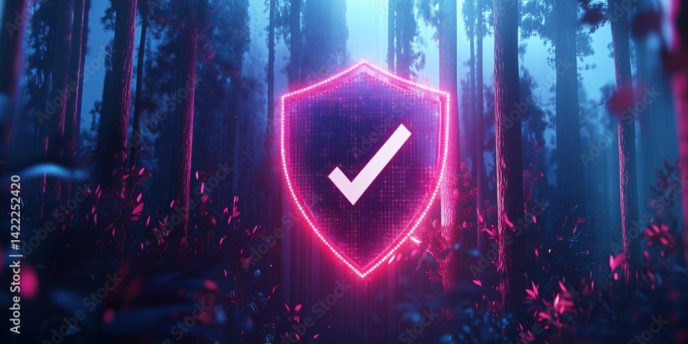 Aufkleber digital security shield glowing in forest with check mark symbolizing protection