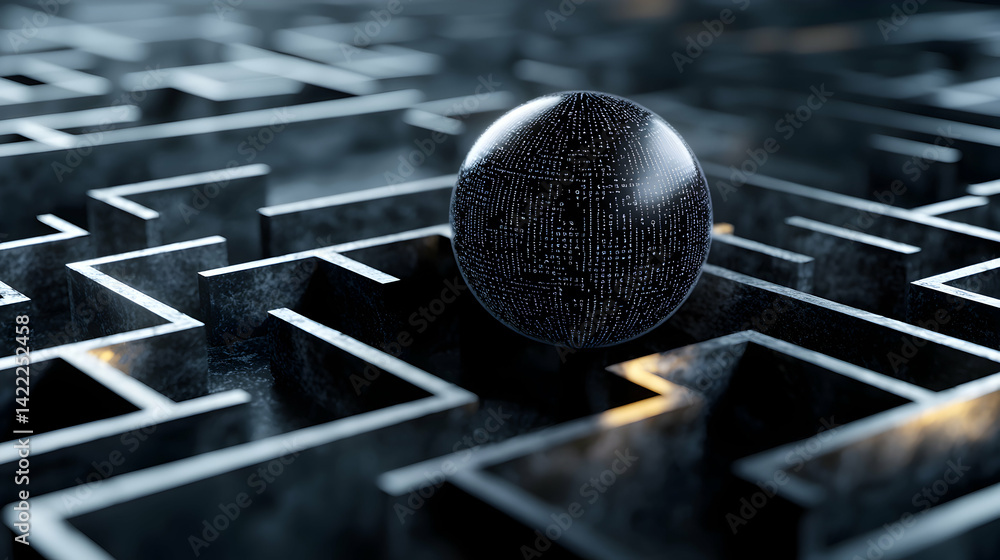 Aufkleber a sphere covered in data sits in a maze. it visually represents complex problem solving data analysi
