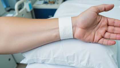 Fototapeta premium Patient's hand with a bandage resting on a hospital bed, conveying a feeling of recovery