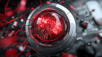 A futuristic glowing red orb with intricate circuitry within a metallic frame suggesting advanced technology. Perfect for tech product visuals or abstract design concepts.