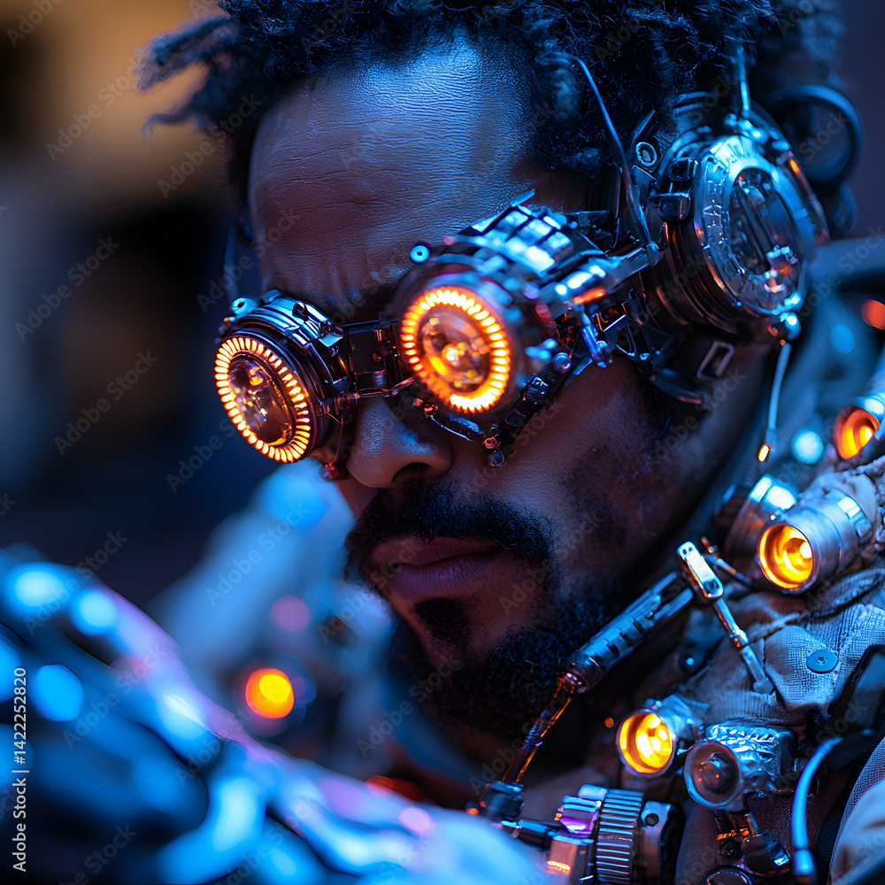 Poster cyberpunk portrait with futuristic goggles emitting bright orange light. suggests science fiction ch