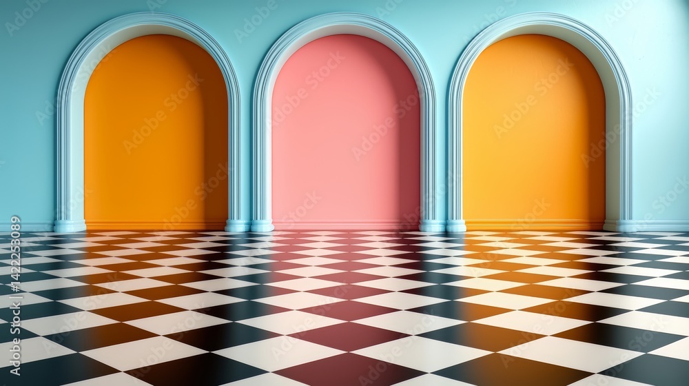 Poster room with three arched openings and a checkered floor. the arches are painted in different colors, a
