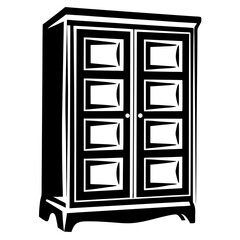Elegant Black and White Armoire Illustration with Paneled Doors and Ornamental Details