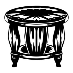 Stylized Black and White Illustration of a Round Wooden Stool or Ottoman
