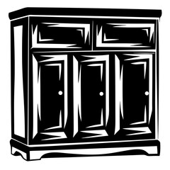 Stylized black and white illustration of a wooden cabinet with doors