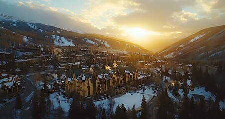 sunrise with golden light and snow-covered mountains in the backgroundR