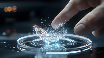 A finger touches a glowing digital interface. The futuristic image suggests interaction with data analysis. Potential use in cybersecurity or technology presentations.