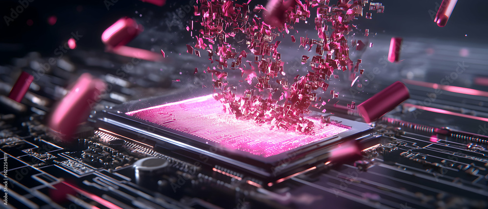 Poster an abstract depiction of a computer processor. pink components explode from the central unit. sugges