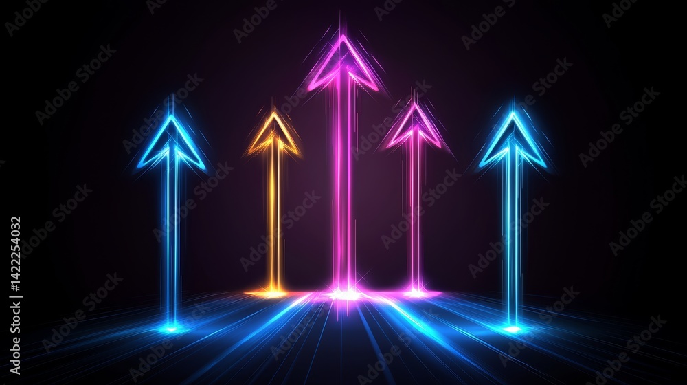 Poster Series of arrows pointing upwards in a dark background. The arrows are in different colors, with some being blue and others being pink. Concept of progress and growth